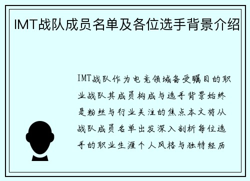 IMT战队成员名单及各位选手背景介绍
