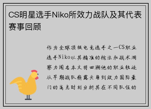 CS明星选手Niko所效力战队及其代表赛事回顾